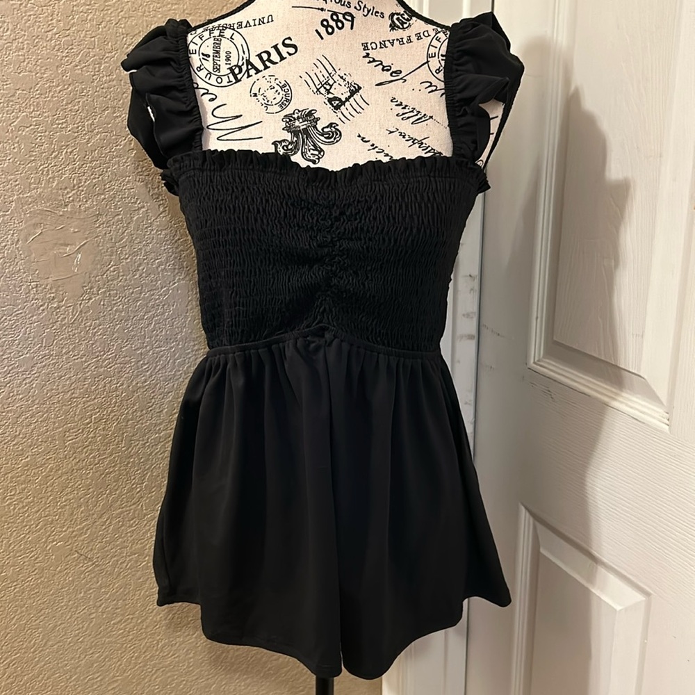 White Birch smocked peplum tank top with ruffle sleeve and ruched detail
